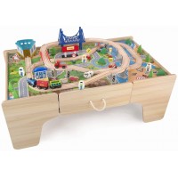Set trenulete din lemn Busy City 2 in 1 cu masuta de joaca si sertar si 80 de piese Set trenulete din lemn Busy City 2 in 1 cu masuta de joaca si sertar si 80 de piese